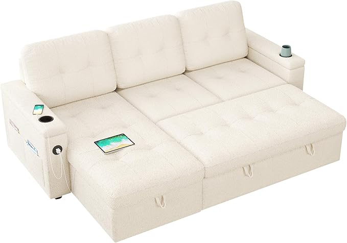 PaPaJet 84 Inch Pull Out Couch Sleeper Sofa with Storage Chaise Tufted L Shape Convertible Couch with 2 USB &amp Cup Holders Boucle White