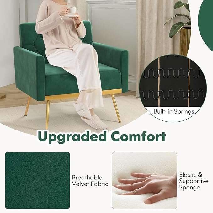 KOMFOTT Velvet Accent Chairs Set of 2 Modern Tufted Arm Chair with Golden Metal Legs &amp Adjustable Foot Pads Upholstered Sofa Chair Reading Chair for Bedroom Comfy Living Room Chairs Green