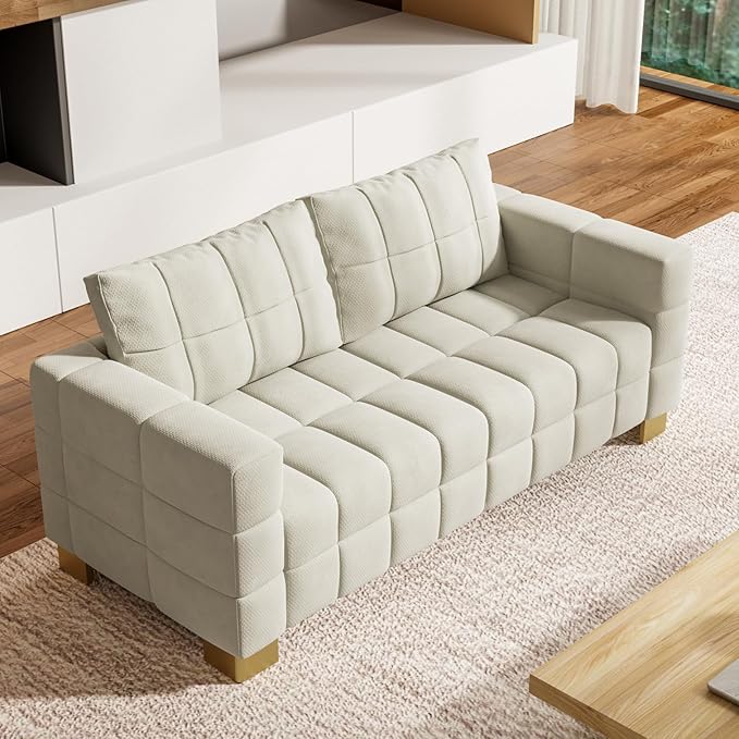81.89 Sofa Comfy 3 Seat Sofa Tufted Chenille Upholstered Sofa Couch for Living Room with Gold Metal Legs and 2 Throw Pillows (BAIGE+1.5S)