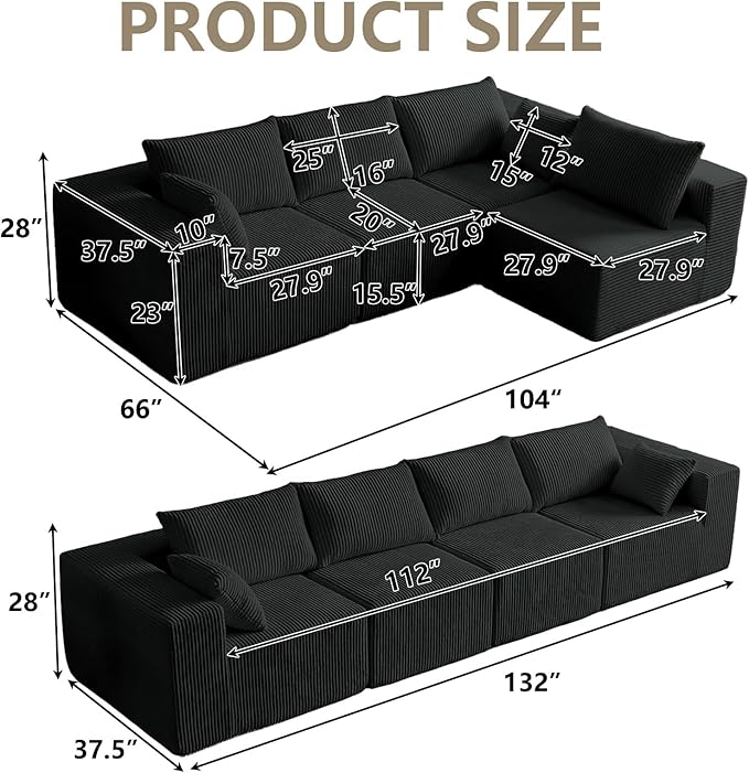 104” Modular Cloud Sectional Sofa Plush Corduroy Boneless Couch L-Shaped Sectional Deep Seat Sofas for Living Room Bedroom No Assembly Required Black