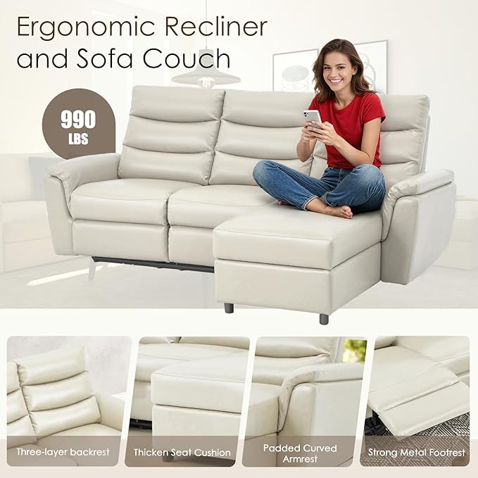 Esright Leather Power Reclining Sofa Set Reclining Sectional Couches with Storage Chaise Adjustable Backrest &amp Footrest L Shaped Pull Out Couch for Living Room Home Theater Apartment RV (Beige)