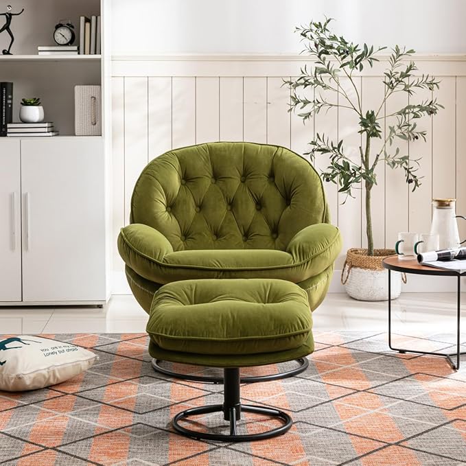 i-POOK Velvet Swivel Chair with Matching Swivel Ottoman Modern Upholstered Accent Chair with Round Black Metal Base and Backrest for Bedroom Living Room and Apartment Fruit Green