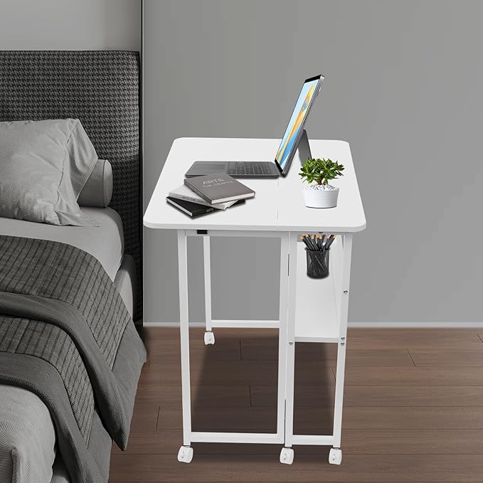 31.5 Mobile Folding Desk with Wheels Small Foldable Desk for Small Spaces Computer Table Writing Workstation for Home Office Easy Assembly White