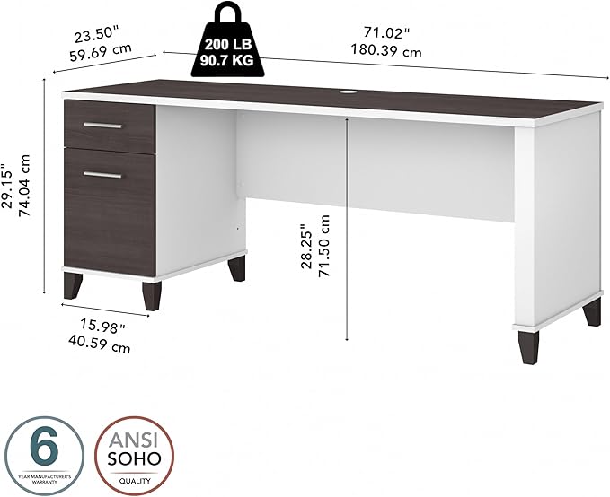 Bush Home 72-inch Home Office Desk with Drawers Large Computer Table for Personal Workspace Somerset Collection White and Storm Gray