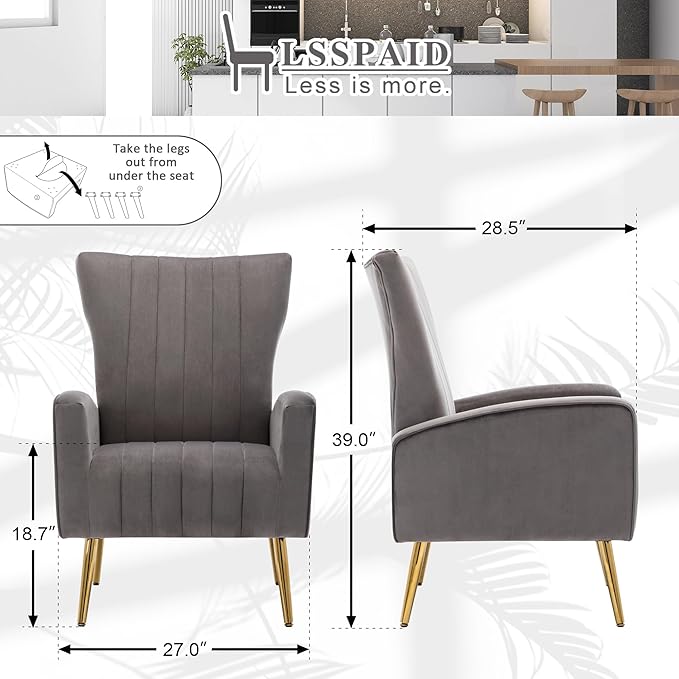 LSSPAID Velvet Accent Chairs Set of 1 Modern Fabric Upholstered Living Room Chairs Armchairs with Wing Back and Metal Legs Grey