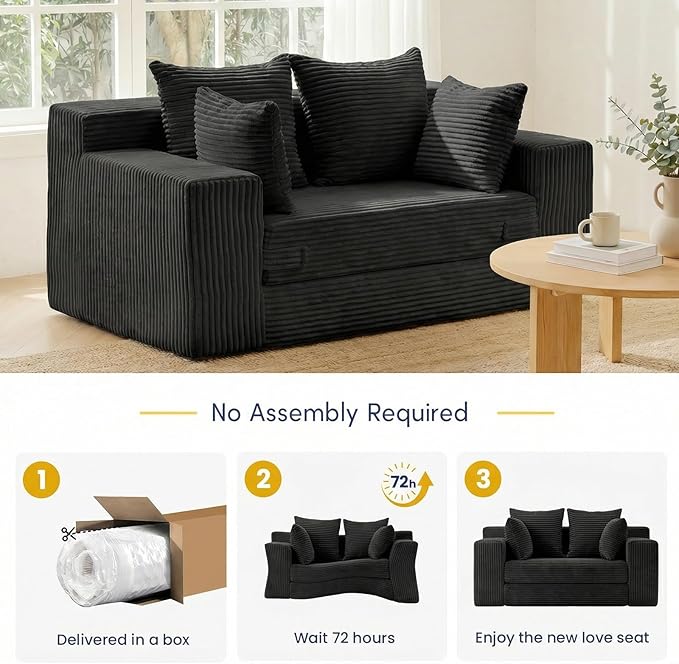 Boneless Couch Loveseat Sleeper Convertible Sofa Bed Folding Couch Bed Foldable 2 in 1 Boneless Chair Bed &amp Futon Sofa Bed Small Pull Out Sofa with 4 Pillows for Living Room Black | No Assembl
