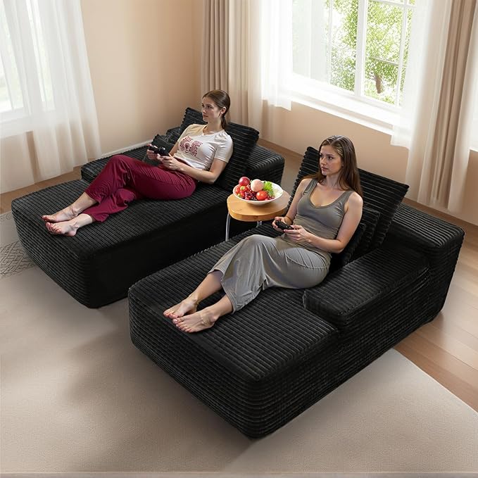 82 Oversized Sectional Couches for Living Room Black Corduroy Boneless Sofa Bed Double Comfy Chaise Lounge Chair Indoor Cloud Couch No Assembly(Black)