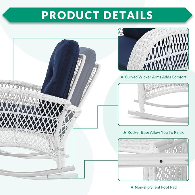 VIVIJASON 3-Piece Outdoor Conversation Bistro Set Patio Wicker Rocking Chairs Rattan Furniture Sets w/ 2 Rattan Chairs Cushions Glass Top Side Table for Garden Porch Backyard (White/Navy Blue)