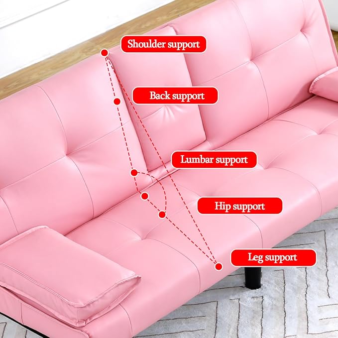Convertible Folding Futon Sofa Bed with Metal Legs &amp 2 Cupholders Modern New Upholstered Couch Loveseat Sleeper Folding Couches Bed Removable Armrests for Small Spaces (Pink)