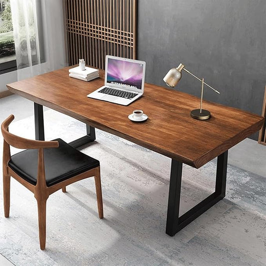 Modern Minimalist Solid Wood Office Desk with Metal Base Easy to Assemble Durable Writing Table Dining Table Computer Desk Multiple Ideal for Living Room and Dining Room (78.7inch)