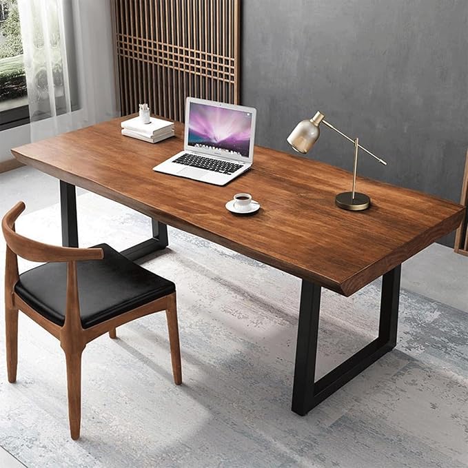 Modern Minimalist Solid Wood Office Desk with Metal Base Easy to Assemble Durable Writing Table Dining Table Computer Desk Multiple Ideal for Living Room and Dining Room (70.8inch)