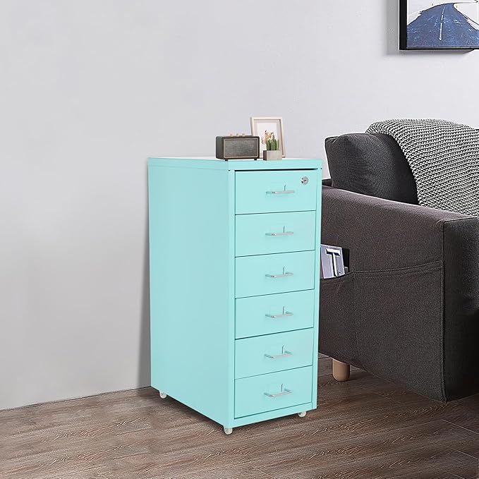 6-Drawer File Cabinet with Lock - Metal File Organizer for Home Office Letter/A4 Size File Cabinets for Home Office Blue Office Cabinet with Wheels &amp Key File Organizer Box for Documents