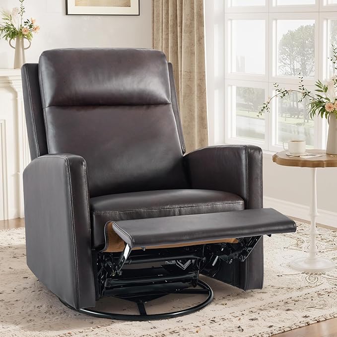 Leather Recliner Chair for Adults Swivel Rocker Recliner for Small Spaces Wide Glider Rocking Nursery Chair with Ergonomic High Backrest for Home Living Room Office Bedroom（Chocolate Brown）