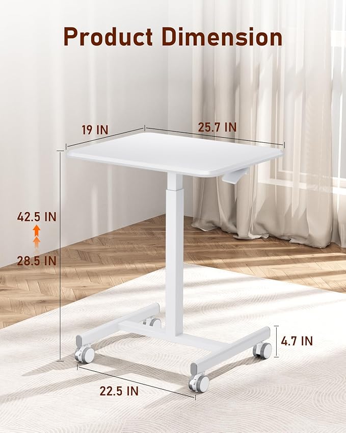 iPower Standing Desk Small Rolling Desk with Lockable Wheels Mobile Stand Up Desk Adjustable Height 28-43 Inch Portable Laptop Desk Small Computer Standing Table Sit Stand White