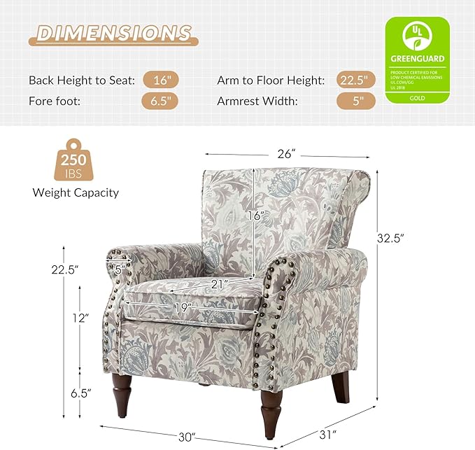 HULALA HOME Modern Wingback Accent Chair with Wood Legs &amp Removable Cushion Comfy Upholstered Armchair with Nailhead Trim Floral Pattern Single Sofa Chair for Living Room Bedroom Grey