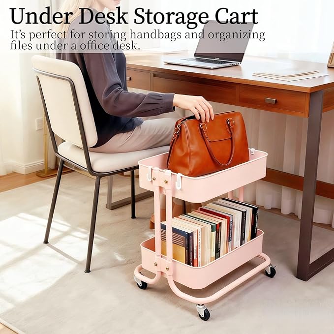2 Tier Rolling Cart with Wheels for Under Desk Storage Pink Small Rolling Pantry Storage Cart for Small Space Metal Short Utility Shelf for Vanity Kitchen Bathrrom Laundry Organization
