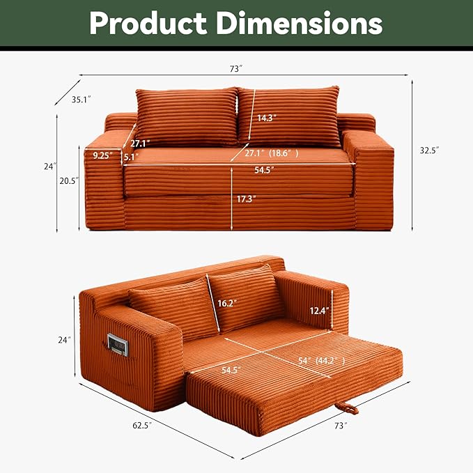 73 Convertible Sofa Bed Pull Out Boneless Loveseat Sleeper Sofa Corduroy Foldable Couch Bed with Storage Bag No Assembly Couch in a Box for Living Room Apartment (Orange)