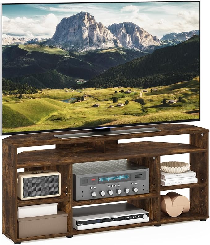 Furinno BESI TV Stand No Tools Assembly Industrial Style Entertainment Center TV Console for TV up to 46 Inch for Living Room Bedroom Amber Pine