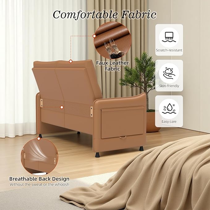 Faux Leather Small Loveseat Sofa Small Sofa 2 Seater Couch with Flip Up Tray Table Side Pockets Elastic Cushion Perfect Loveseat Couch for Bedroom Living Room or Office Brown
