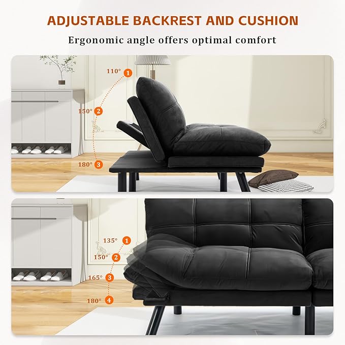 67” Velvet Futon Sofa Bed Convertible Small Upholstered Couch 2-Seat Loveseat Sleeper with Adjustable Backrest and Armrest for Small Space ApartmentGaming RoomOffice(Black)