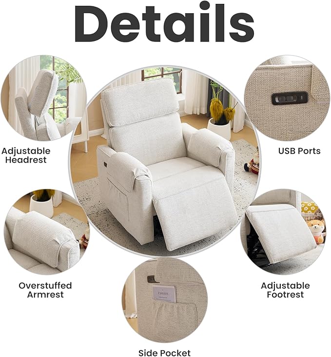 Oversized Power Recliner Chair Swivel Glider with Adjustable Headrest Swivel Rocking Recliner Chair for Adults 26 Extra Wide Glider Nursery Chair with Overstuffed Armrest USB Ports White