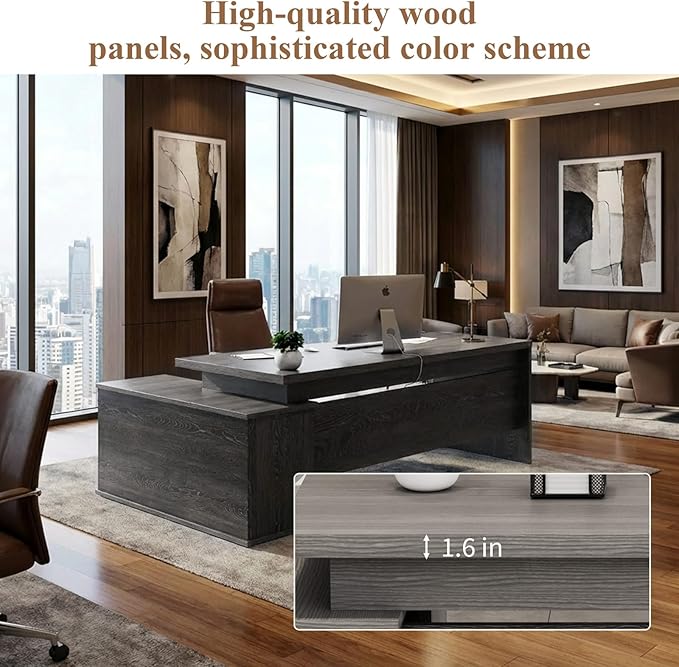 70.8 L-Shaped Executive Desk with File Drawers and Storage Cabinet Modern Large Office Desk Computer Workstation Gray Oak &amp Black Walnut (Gray Oak &amp Black Walnut 70.87IN)