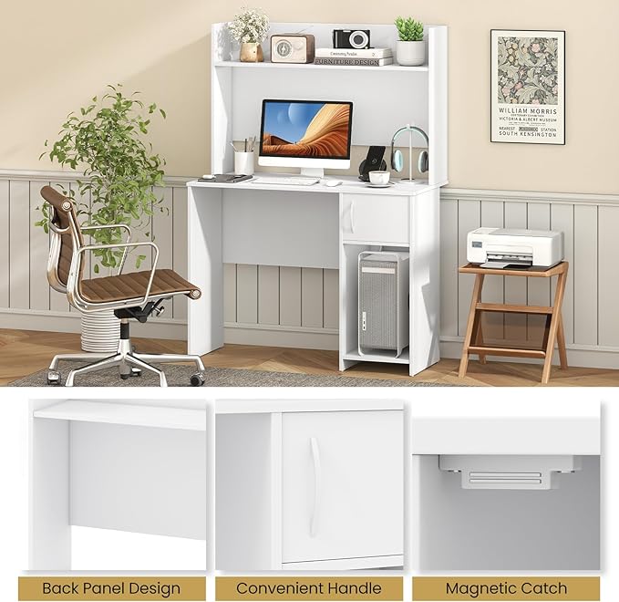 Giantex White Desk with Hutch Small Computer Desk with Bookshelf &amp Adjustable Shelf 2 Cable Holes Modern Laptop PC Computer Workstation Study Writing Desk for Small Spaces Bedroom Home Offic