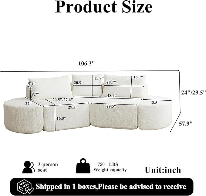 106“ Boneless Chenille V-Shaped Modular Sofa Set Three Throw Pillows 3-Seater Sofa Two Curved Ottomans Combination Couch for Living Rooms (Beige 106 Left Chaise)