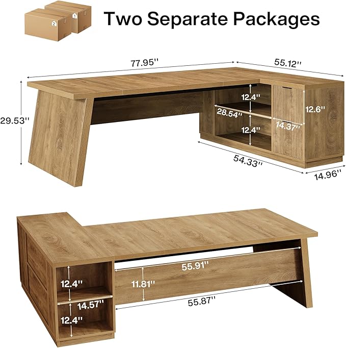 Tribesigns 77.9-inch Executive Desk with 2 Drawers Large L Shaped Computer Desk with Storage Cabinet and Shelves Business Furniture Workstation for Home Office (Light Brown)