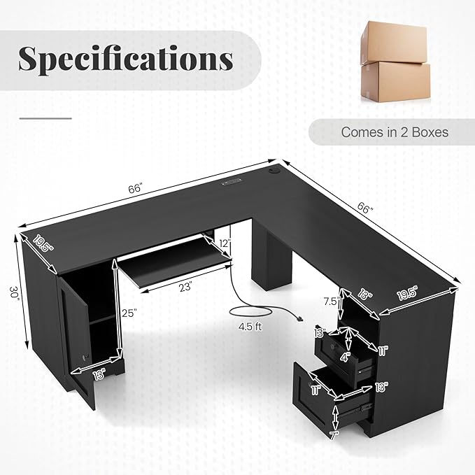 Giantex 66 L-Shaped Desk with Storage Drawers &amp Charging Station Spacious Corner Computer Desk with Keyboard Tray Adjustable Shelf Cabinet Huge Workspace Home Office Study Writing Desk (Black