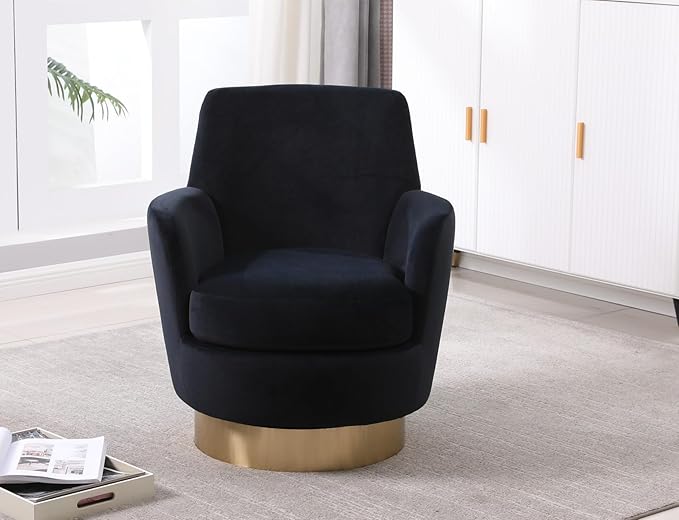 KEIKI Velvet 360° Swivel Barrel Chair with Gold Stainless Steel Base Accent Round Single-seat Upholstered Reading Sofa Armchair for Nursery Reading Living Room Bedroom Lounge Hotel Black Velvet