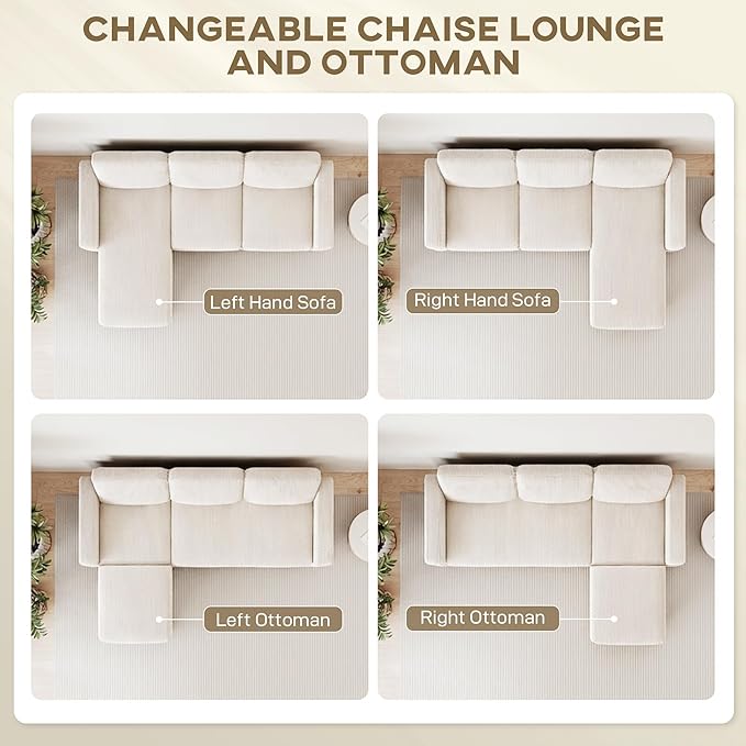 HOMCOM 73 Sectional Sofa L Shaped Couch with Reversible Chaise or Ottoman Corduroy 3 Seat Sectional Couch for Living Room Bedroom Apartment 2200lb Capacity Cream White