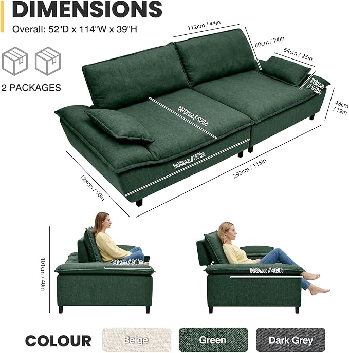 114” Oversized Sectional Sofa – Sailboat Cloud Couch with Adjustable Backrest Extra Deep &amp Wide Seats Modern Sleeper Sofa for Living Room (Green 114-inch)