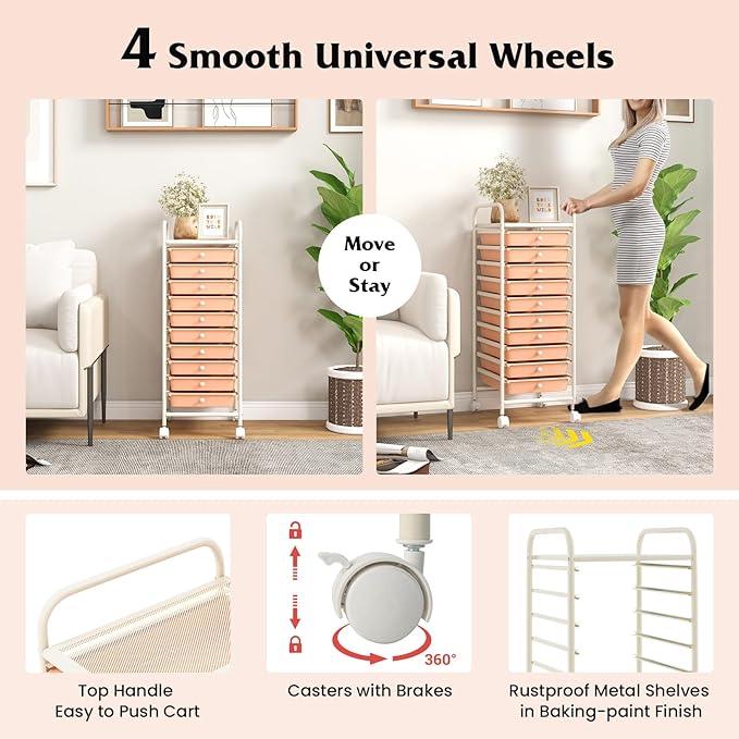 Giantex 10-Drawer Storage Cart w/Universal Wheel Rolling Cart w/Handle Home Organizer Storage Unit w/Removable Drawers Trolley Utility Cart for Kitchen Makeup Living Room Office Play Room