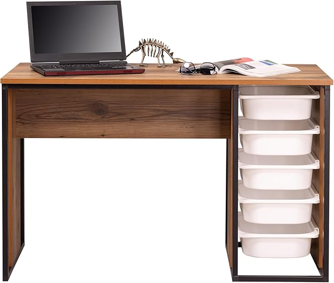 Comfyt Modern Rustic Brown Medium Desk with 5 Drawers Space-Saving Multi-Functional Perfect for Home Office Study Gaming Crafting
