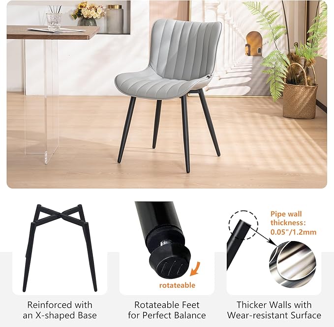 YOUNUOKE Mid-Century Modern Dining Chairs Set of 2 Grey PU Leather Upholstered Kitchen Chairs with Black Metal Legs Armless Accent Chair for Dining Room Guest Reception Room