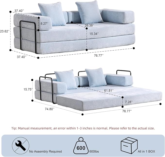 Convertible Sleeper Sofa Bed Compression Folding Sofa with Pillow No Assembly Required Shape Frame Floor Sofas Lounge Couch for Living Room Bedroom Small Spaces(Chenille 77''W Light Blue)