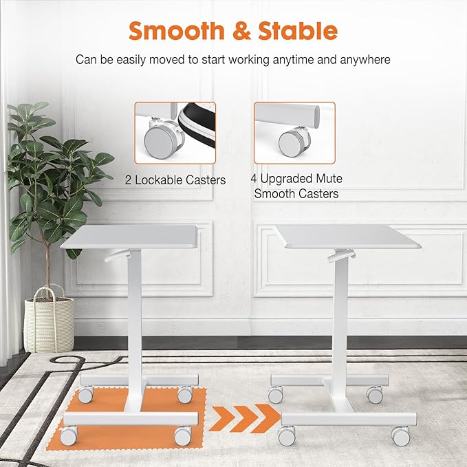Sweetcrispy Small Mobile Rolling Standing Desk - Overbed Table Mobile Portable Rolling Laptop PC Table with Locking Wheels Adjustable Height Computer Workstation for Home Office 19 InchWhite
