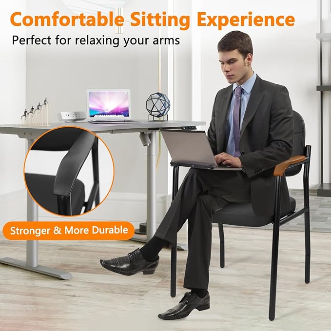 CLATINA Leather Guest Chair Sets of 2 Office Reception Chair No Wheels with Armrests and Lumber Support Ergonomic Desk Armchair for Meeting Waiting Conference Lobby Room Black