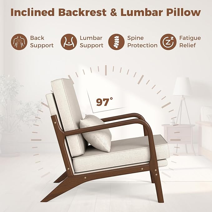 Giantex Mid Century Modern Accent Chair Upholstered Armchair with Pillow Rubber Wood Armrests &amp Legs Removable Back &amp Seat Cushions Comfy Reading Chair for Living Room Bedroom Beige