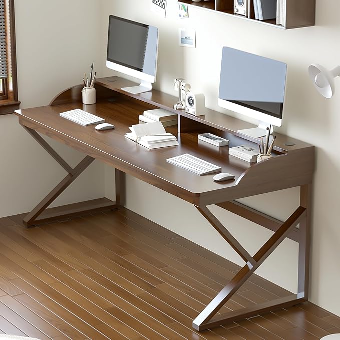 Long Desk with Monitor Stand - 63 Double Long Computer Table for 2-Person Workstation Large Writing Study Work Desk for Home and Office Walnut