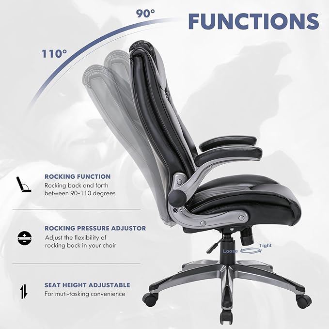 COLAMY Leather Executive Office Chair - High Back Home Computer Desk Chair with Padded Flip-up Arms Adjustable Tilt Lock Swivel Rolling Ergonomic Chair for Adult Working Study Black