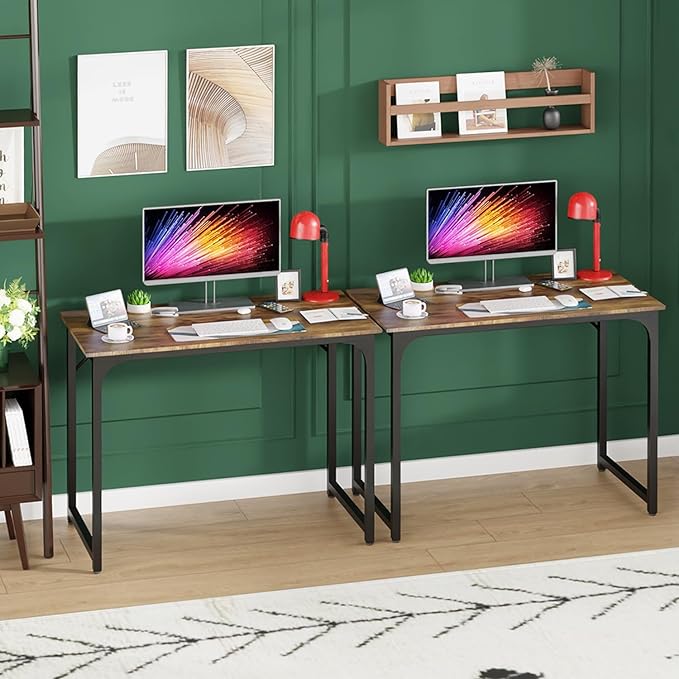 39 Inch Computer Desk Set of 2 Office Desk with Metal Frame Home Office Desk Modern Simple Style for Small Space Home Office Living Room Bedroom Brown