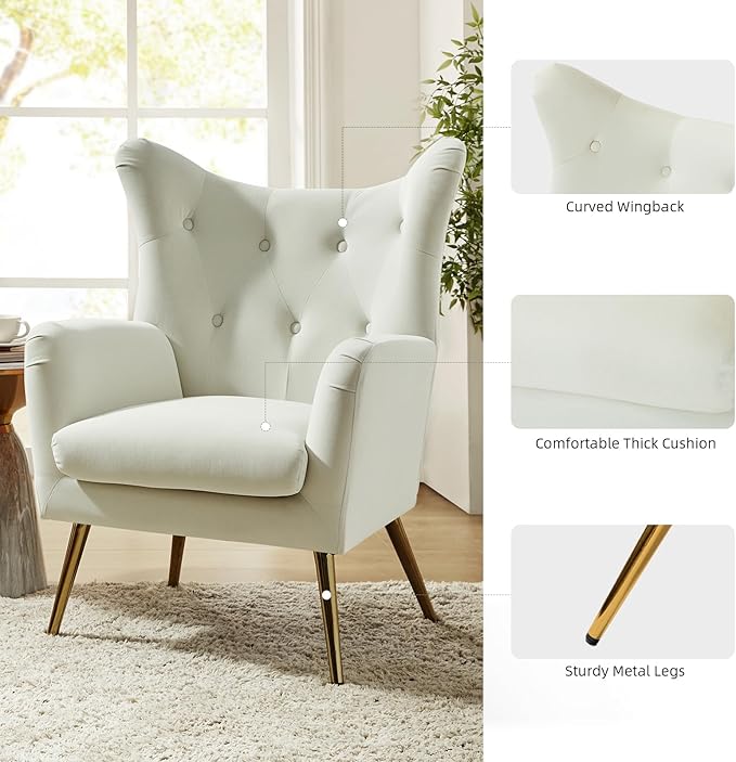 HULALA HOME Velvet Accent Chair Set of 2 Modern Wingback Arm Chair with Metal Gold Legs Velvet Tufted Upholstered Single Sofa(Ivory)