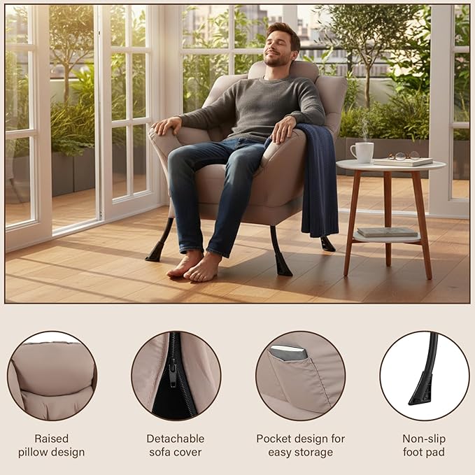 Welnow Lazy Chair for Living Room Modern Reading Accent Chair with Armrests and a Side Pocket Leisure Upholstered Lazy Sofa for Small Space Bedroom Dorm Khaki