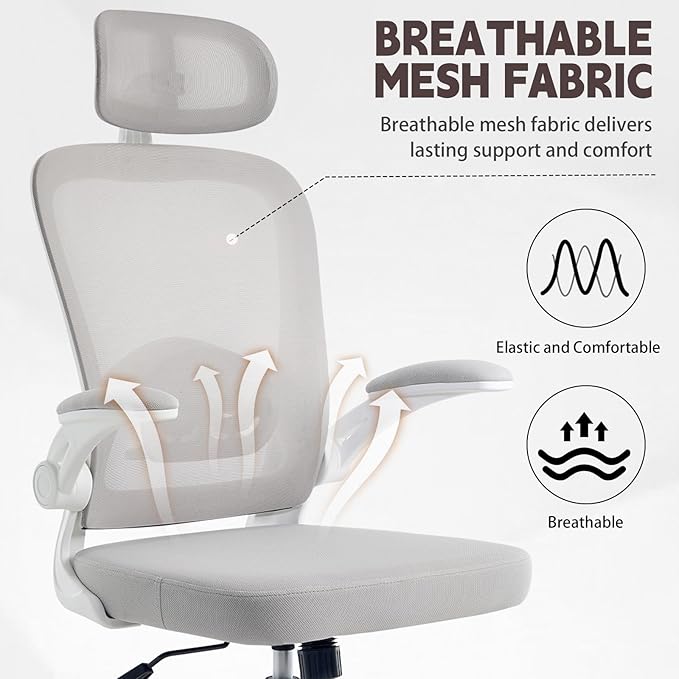 Ergonomic Office Chair with 3D Adjustable Lumbar Support Mesh High Back 75° Rotating Headrest Rocking Function 300lbs Capacity Black/White (White)