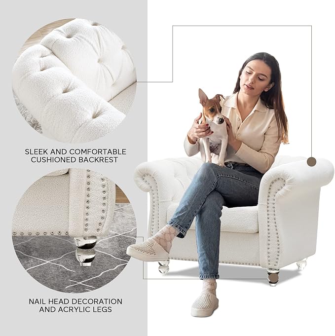 White Chesterfield Chair Sherpa Accent Chair Chesterfield Upholstered Club Wingback Chair Button Tufted Sofa for Living Room Bedroom Office
