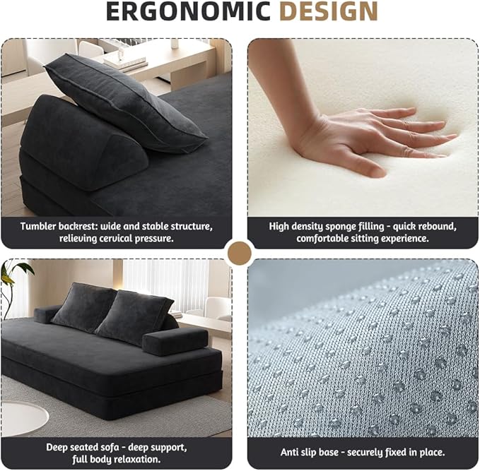 86.6 Queen Floor Sleeper Sofa Bed | Convertible Foam Folding Mattress Couch | King Size Futon Couch Bed for Adjustable Backrests | Sleeper Lounge Chair for Living Room Playroom Apartment Dark Grey
