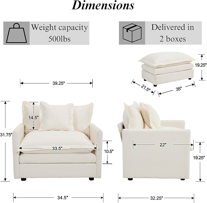 Oversized Chair with Ottoman Upholstered Comfy Single Sofa Chaise Lounge Chair Indoor for Reading Living Room Bedroom Office(Linen White)