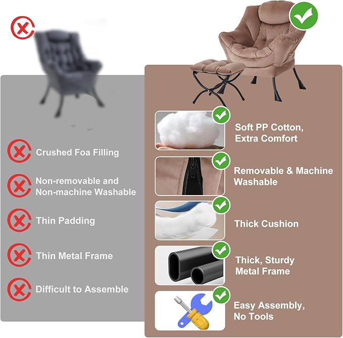Lazy Chair with Ottoman Modern Accent Chair with Armrests and a Side Pocket Velvet Khaki Accent Chairs Reading Chairs Oversized Armchairs for Bedroom Study Living Room Courtyard